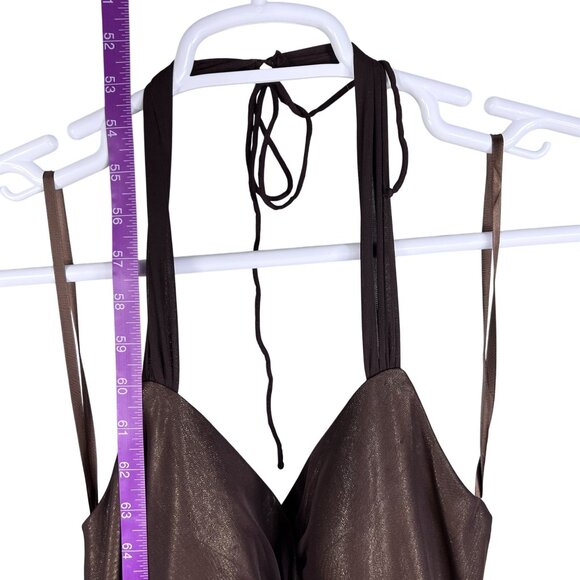 Cache Womens 8 Halter Backless Brown Gold Shimmer Evening Gown Rhinestone Accent - Picture 12 of 16